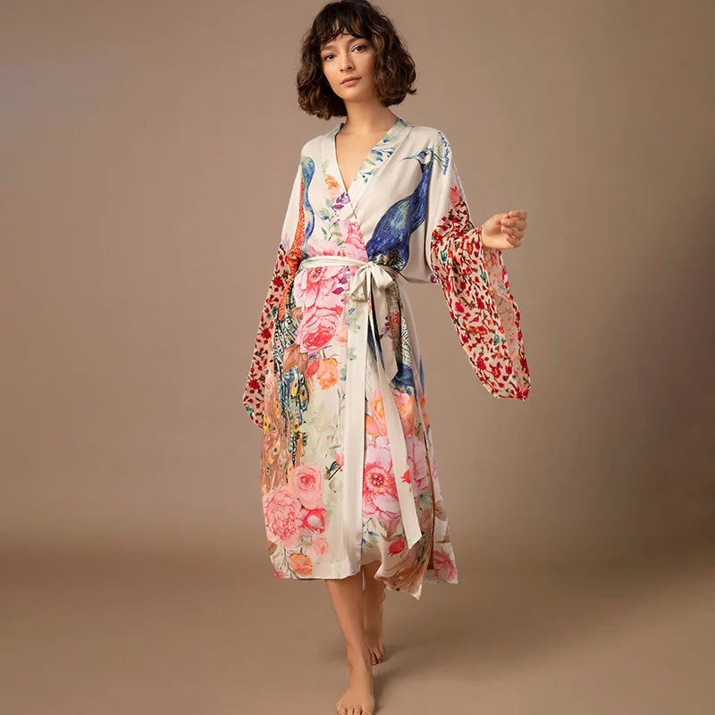 Beach Kimono for Women Peocock Printed Swimsuit Cover Up Self Belted Wrap Dresses Seaside Bathing Suits Beachwear - Matrix Studios