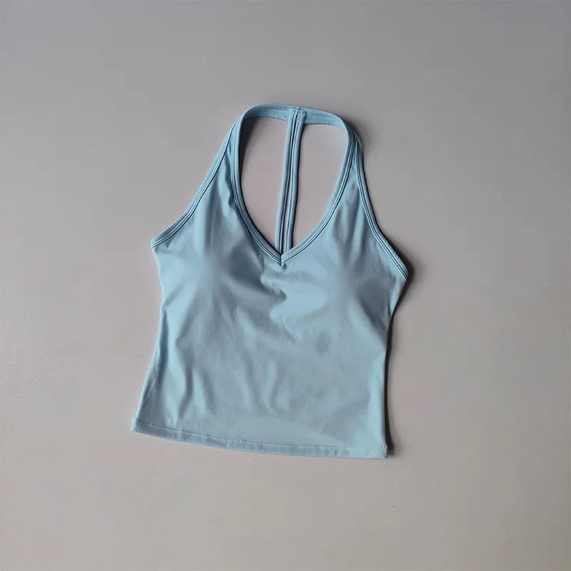Women's Sexy V-Neck Fitness Bra Nude Sports Bra Hanging Neck Yoga Suit Vest Comfortable Breathable Gym Top for Active Wear - Matrix Studios