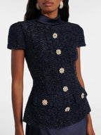 VGH Chic Two Piece Sets for Women Stand Collar Short Sleeves Spliced Pocket Tweed Top High Waist Maxi Skirts Vintage Suit Female - Matrix-studios.com