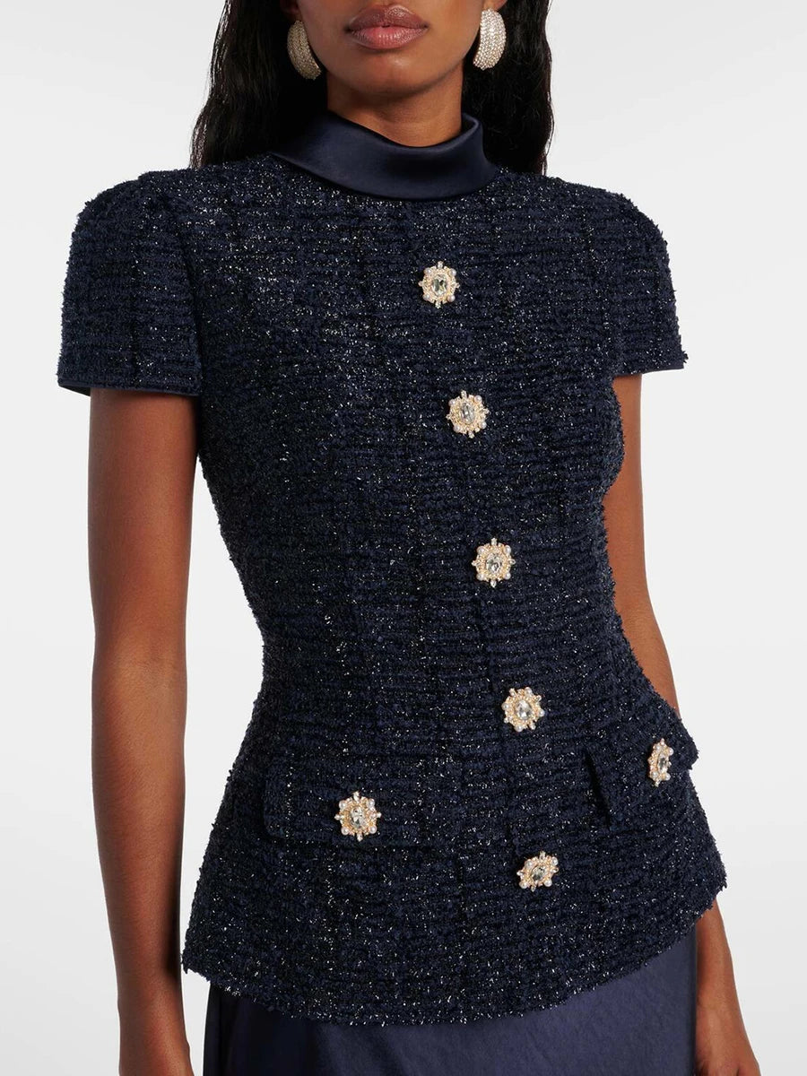 VGH Chic Two Piece Sets for Women Stand Collar Short Sleeves Spliced Pocket Tweed Top High Waist Maxi Skirts Vintage Suit Female - Matrix-studios.com