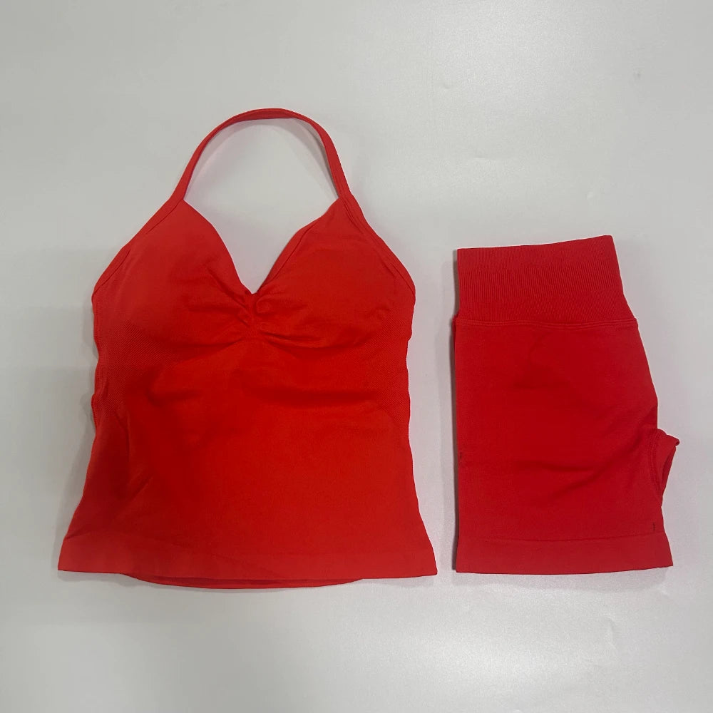 No Logo 2Pcs Gym Set Women Backless Tank Tops High Waist Scrunch Seamless Shorts Gym Suit Fitness Clothes Activewear Workout Set - Matrix-studios.com
