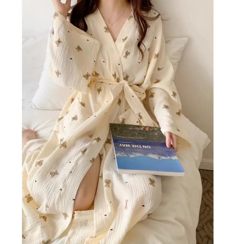 Women Bathing Robe Cartoon Cute Bear Print Bathrobe Nightgown Cardigan Long Sleeve Nightdress Plus Size Loungewear Nightgown Ro - Matrix-studios.com