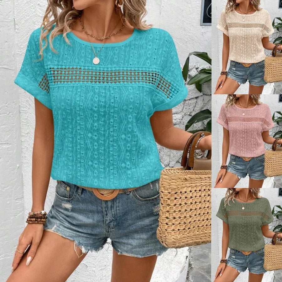 Women's Summer Blouse Fashion Elegant Short Sleeve Hollow Out Shirts Casual Solid O-Neck Loose Shirt Plus Size Tops 2025 Clothes - Matrix-studios.com