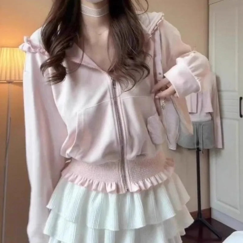 Matakawa Sweet Pink Hoodies Woman Tops Ruffles Spring Autumn Sweatshirts Korean Fashion Hooded Y2k Sudaderas Mujer - Matrix Studios