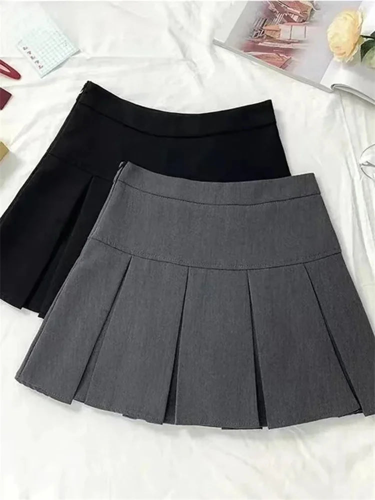 Vintage Gray Pleated Skirt Women Kawaii High Waist Mini Skirts Korean Fashion School Uniform Harajuku Streetwear Spring - Matrix-studios.com