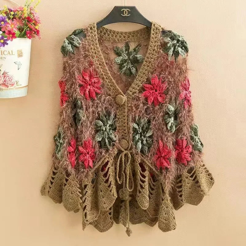Three-Dimensional Flower Openwork Crocheted Sweater Cardigan Women's Spring And Autumn New Heavy Industry Joker Sweater 3XL Coat - Matrix Studios
