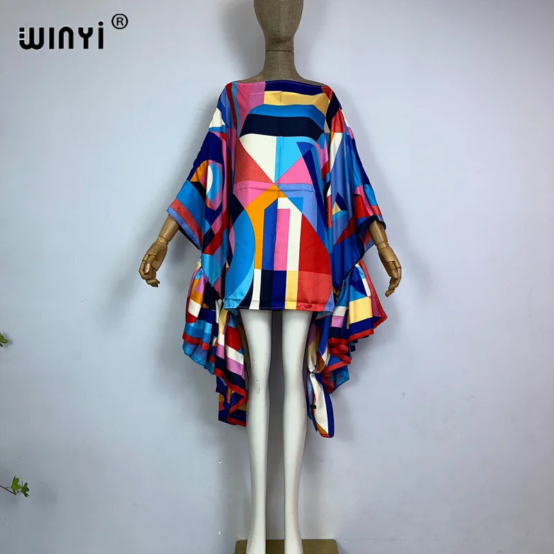 WINYI Women Summer Fashion Evening Party Beachwear Kuwait Bohemian Abaya Kaftan Puff Sleeve Sexy Elegant Beach Cover Up Dress - Matrix Studios
