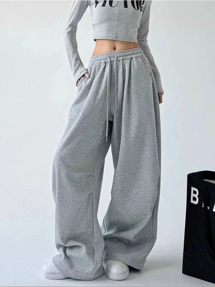 Y2K Harajuku Wide Leg Sweatpants Women Streetwear Baggy Oversize Gray Sports Pants High Waist Drawstring Casual Joggers Trousers - Matrix-studios.com