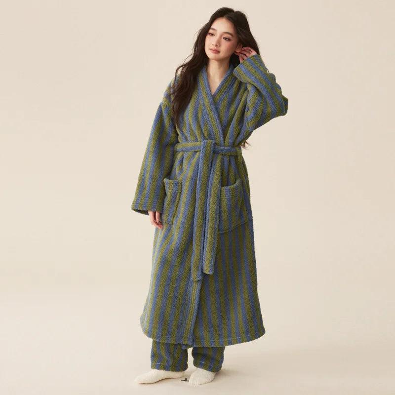 Thickened Flannel Robe Pants Pajamas Set Autumn Winter New Couple Coral Velvet Women Men Bathrobe Striped Lengthed Home Clothes - Matrix-studios.com