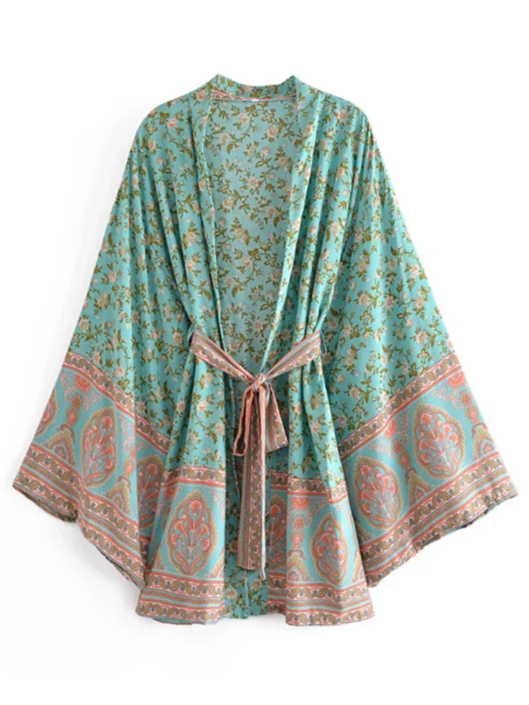 Boho Vintage Multi Floral Print Sashes Kimono Women bohemian V Neck batwing Sleeves rayon cotton happie short robe Cover-ups - Matrix Studios