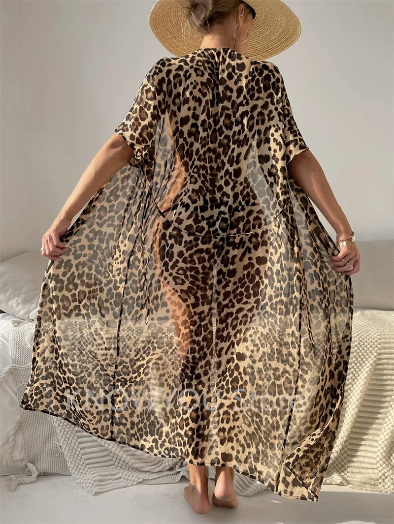Swim Summer Holiday Cover Up Beach Sexy Leopard Chiffon Detachable Belt Kimono Long Beach Smock Dress Swimwear Beach Wear - Matrix Studios