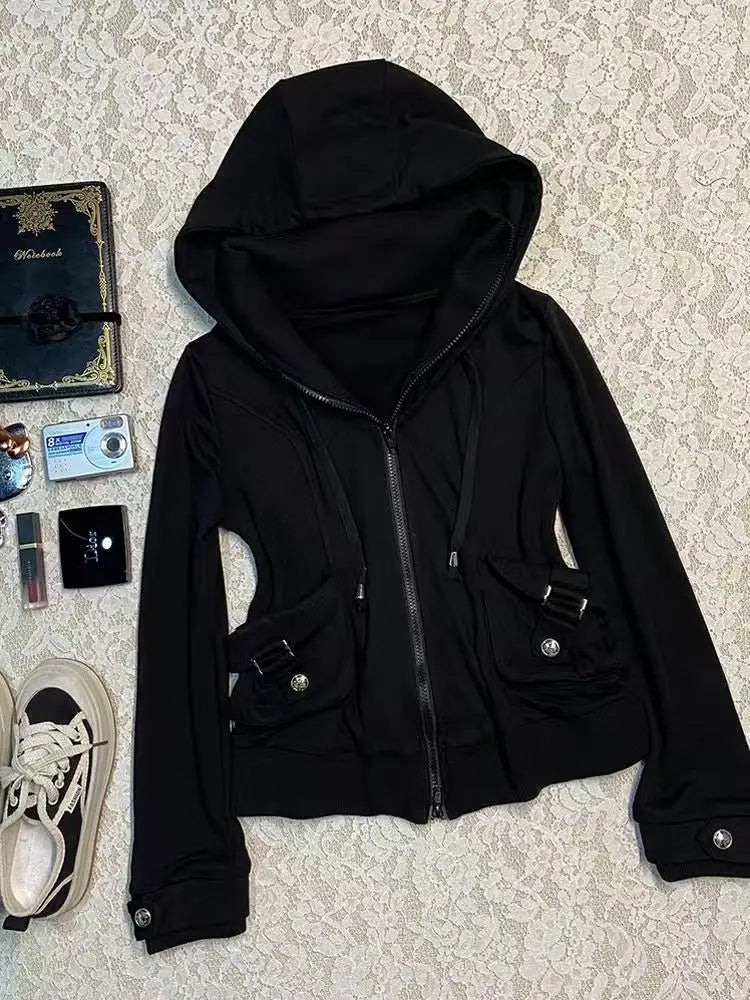 Black Fashion New Trend Women Casual Hoodie Retro Gothic Sweatshirts Hip Hop Punk Style Multifunctional High Street Cardigan
