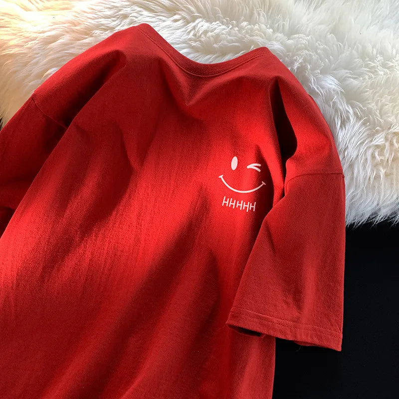 Men Women's Smiling Face Funny Fashion Couple Short Sleeved T-shirt American Basic Simple Oversized Loose Boys' Pullover Top - Matrix-studios.com