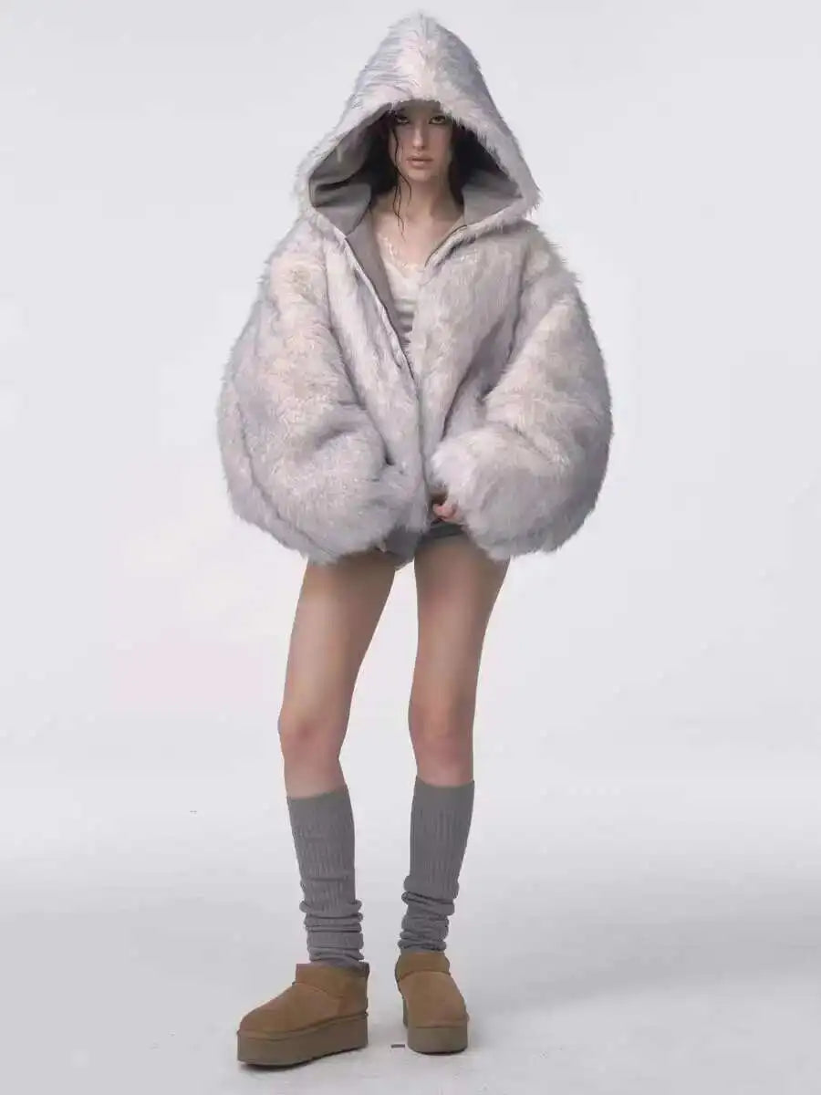 Winter American Retro Fur Coat Women Padded Hooded Cotton-Padded Jacket Plush Casual Street Gothic Harajuku Oversize Coat - Matrix Studios
