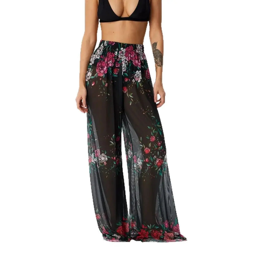 Women Mesh Ruffle Trim Cover Up Pants Beach Cover Up Cover Ups For Swimwear Beach Ruffle Pants 2025 Summer Pants - Matrix Studios