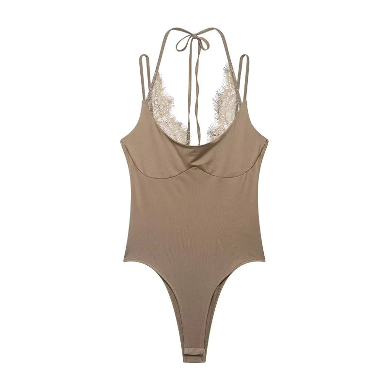 Women's Bodysuit 2026 New Fashion Summer Black Spliced Lace Bodysuit for Women Elegant Chic Personality Spaghetti Strap Bodysuit - Matrix Studios