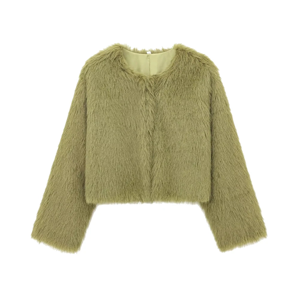 Women's Thick Warm Faux Fur Cropped Jacket, O Neck, Long Sleeve, Female Outerwear, Chic Tops, Fashion - Matrix Studios