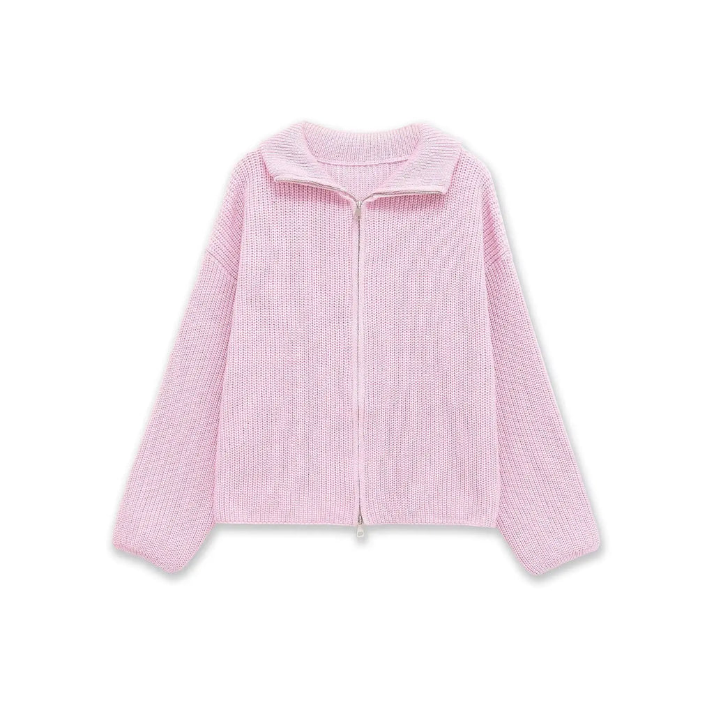 2026 New Spring Striped Loose Knit Cardigans Women Casual Turtleneck Zip-up Pink Sweater Coat Women Knitwear Streetwear - Matrix Studios