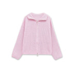 2026 New Spring Striped Loose Knit Cardigans Women Casual Turtleneck Zip-up Pink Sweater Coat Women Knitwear Streetwear - Matrix Studios