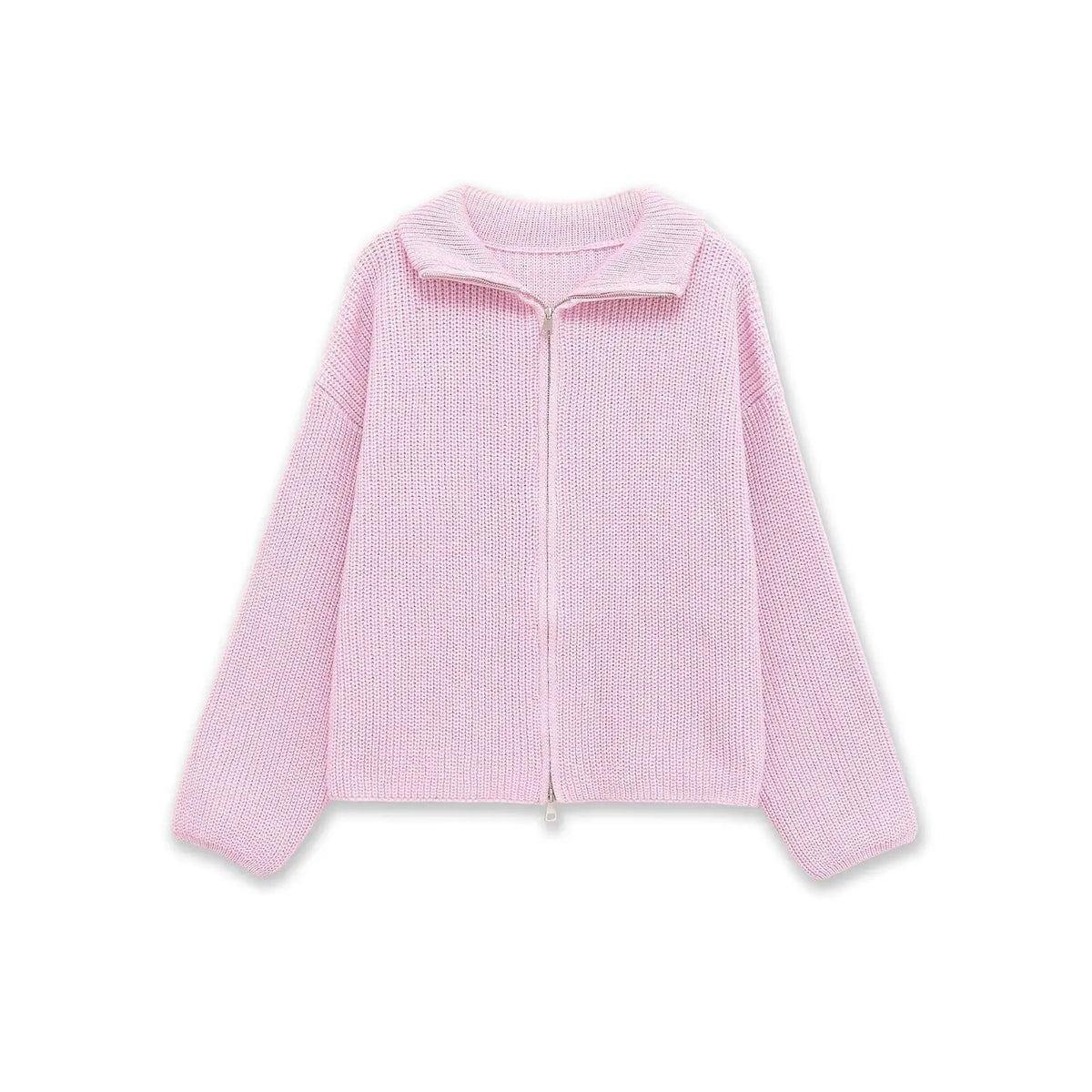 2026 New Spring Striped Loose Knit Cardigans Women Casual Turtleneck Zip-up Pink Sweater Coat Women Knitwear Streetwear - Matrix Studios