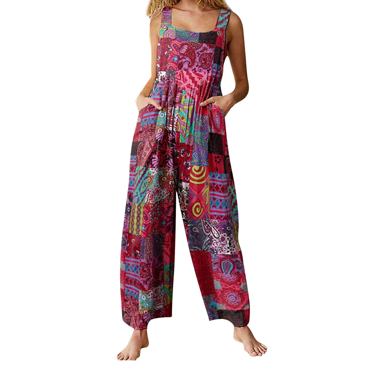 Captivating New Women Summer Overalls, Multicolor Ethnic Style Square Neck Sleeveless Casual Jumpsuit with Pockets for Girls - Matrix Studios