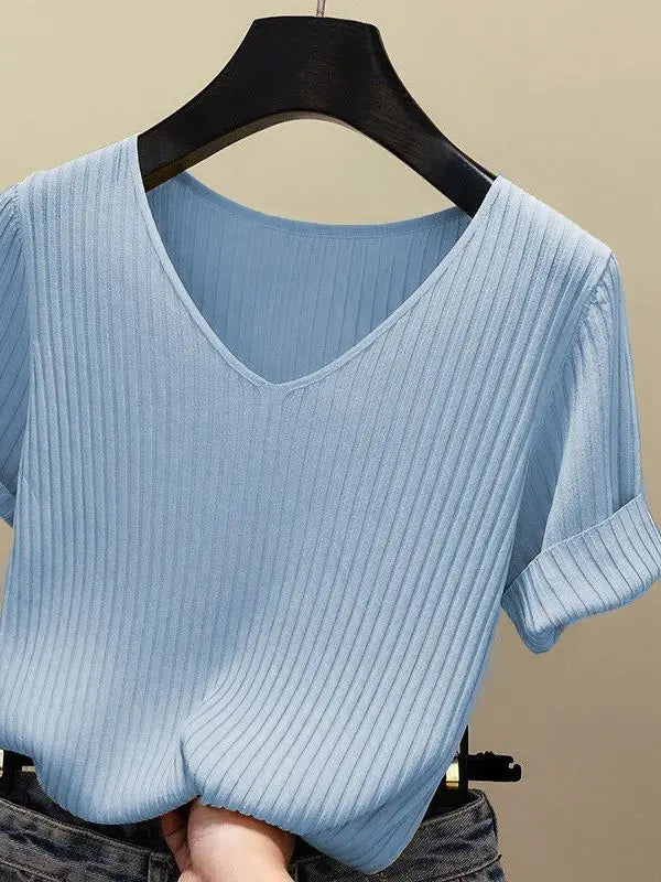 AOSSVIAO 2026 Basic V-neck Solid Thin Summer Women Pullover Female Thin Knitted Ribbed Sweater Slim Short Sleeve Bodycon Sweater - Matrix-studios.com