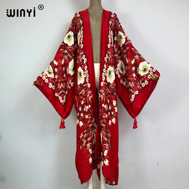 2026 WINYI New Cotton Feeling Bikini Cover-ups Bohemian Print Front Open Long Kimono Kaftan Beach Cover Ups for Swimwear Dresses - Matrix Studios