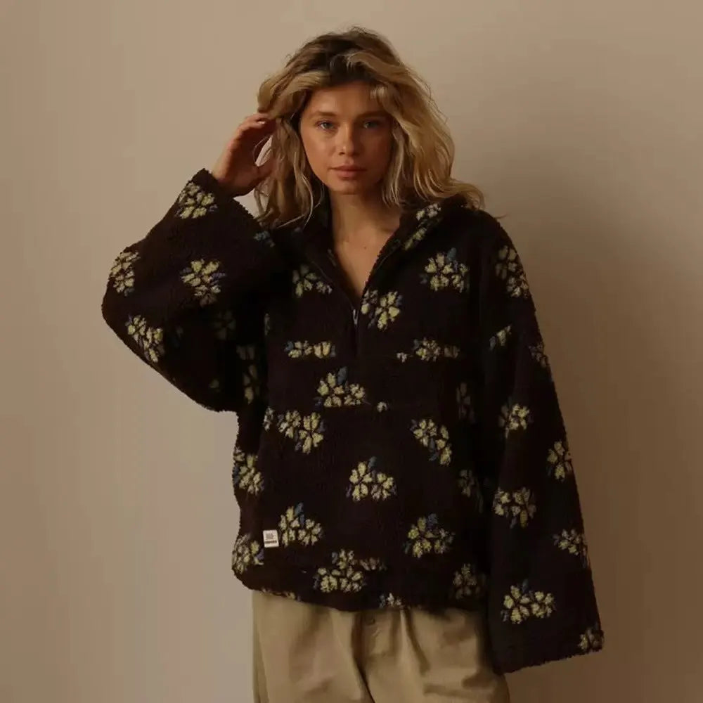 New Autumn Winter Women's Sherpa Floral Casual Pullover Hoodies Half Zip Style Loose Warm Fleece Lining Sweatshirt - Matrix Studios