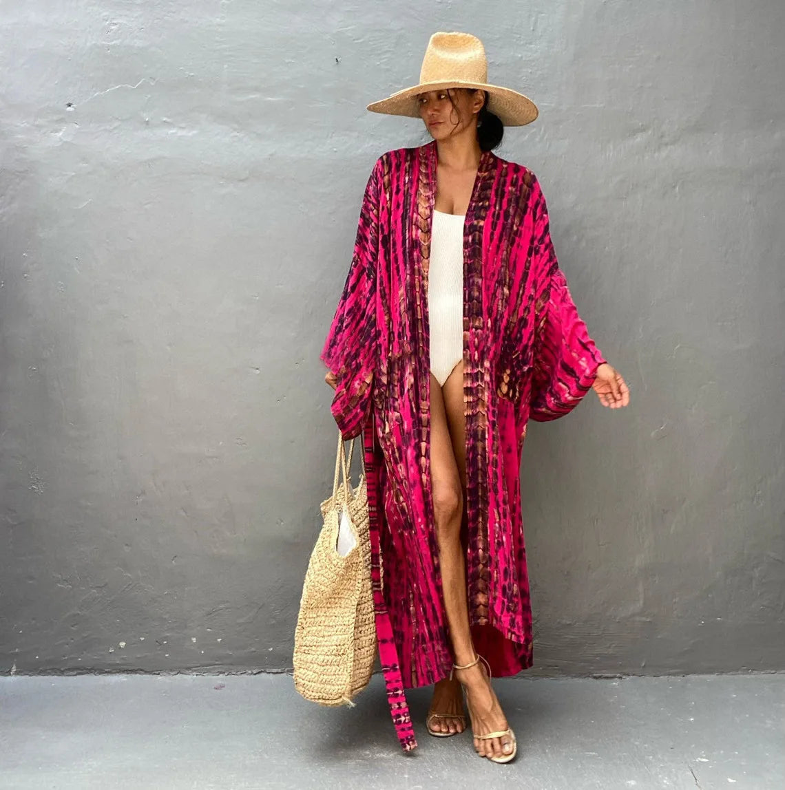 Long Kimono Swimsuit Cover up for Women Stylish Tie Dye Open Front Beach Outfits Bathing Suit - Matrix Studios