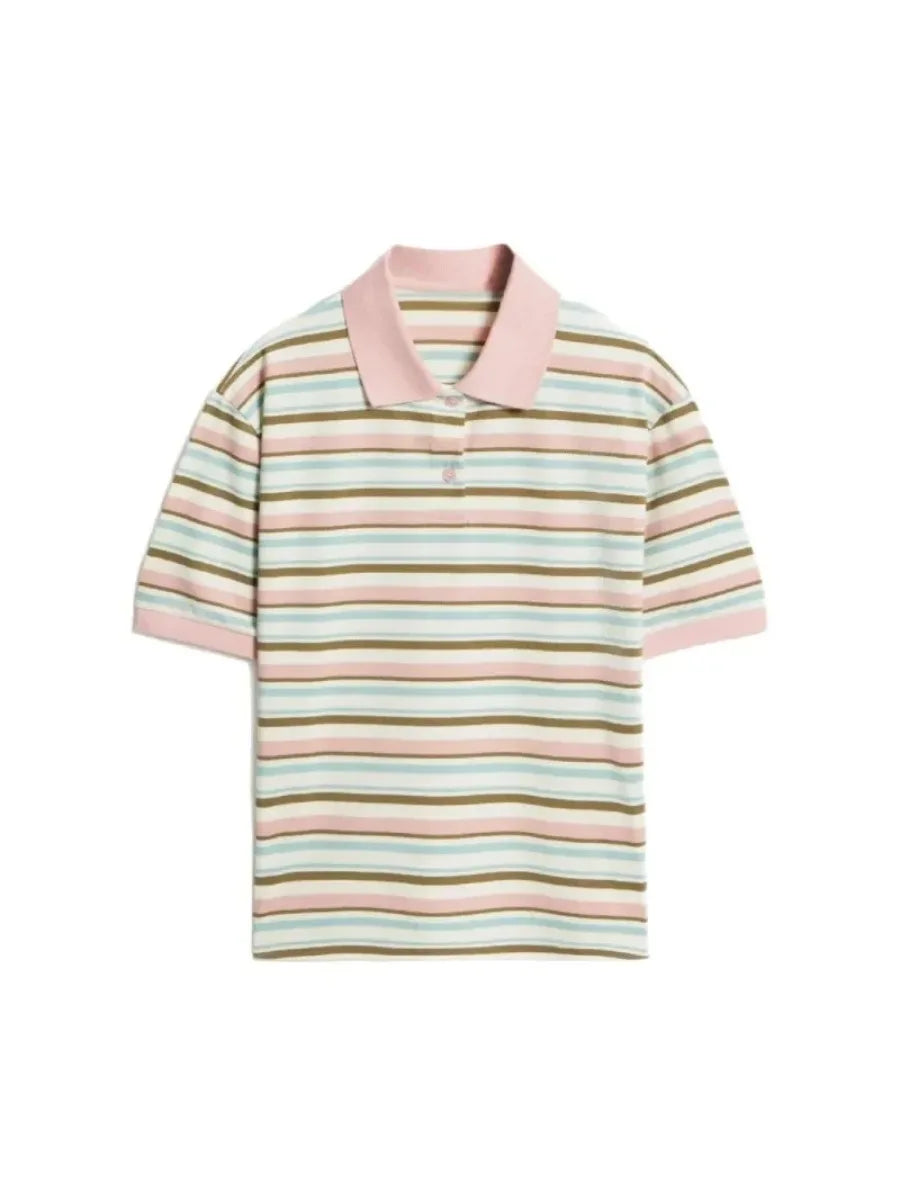 Bornladies Summer 2025 New Women's Retro Striped Polo Short Sleeve T-Shirt Loose Knitted Casual Top - Stylish Flattering Fit - Matrix-studios.com