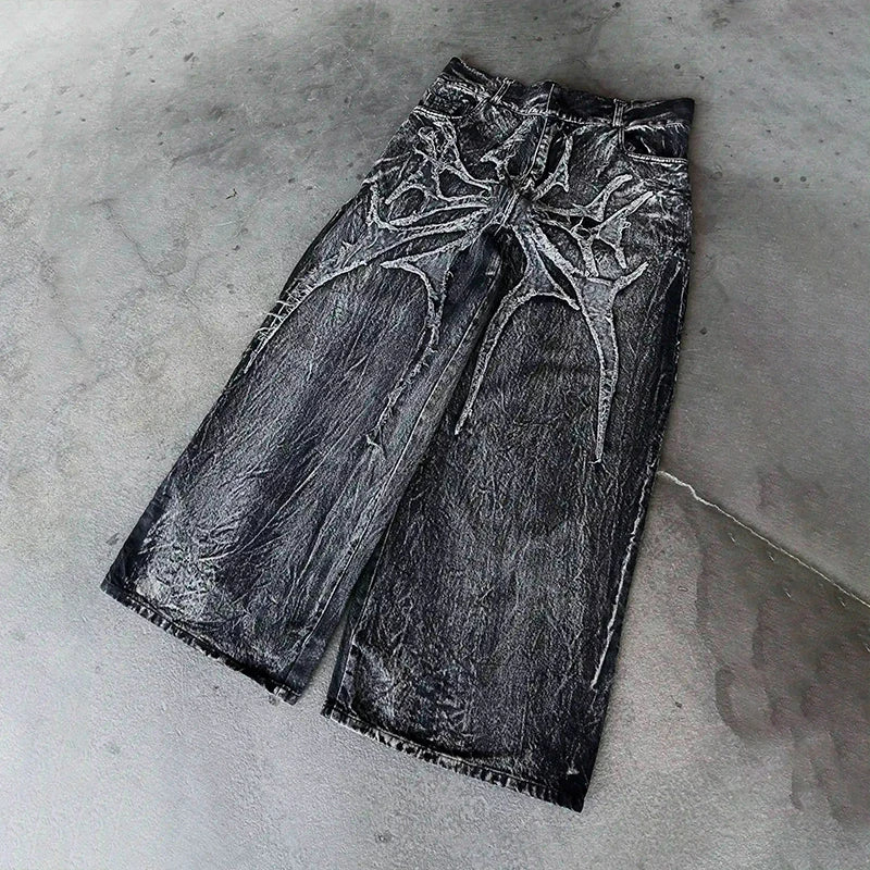 Gothic Retro Baggy Unisex Mopping Pants Y2K Phantom Jeans High Street Spider Embroidered Patch Hip Hop Streetwear Straight Jeans - Matrix Studios