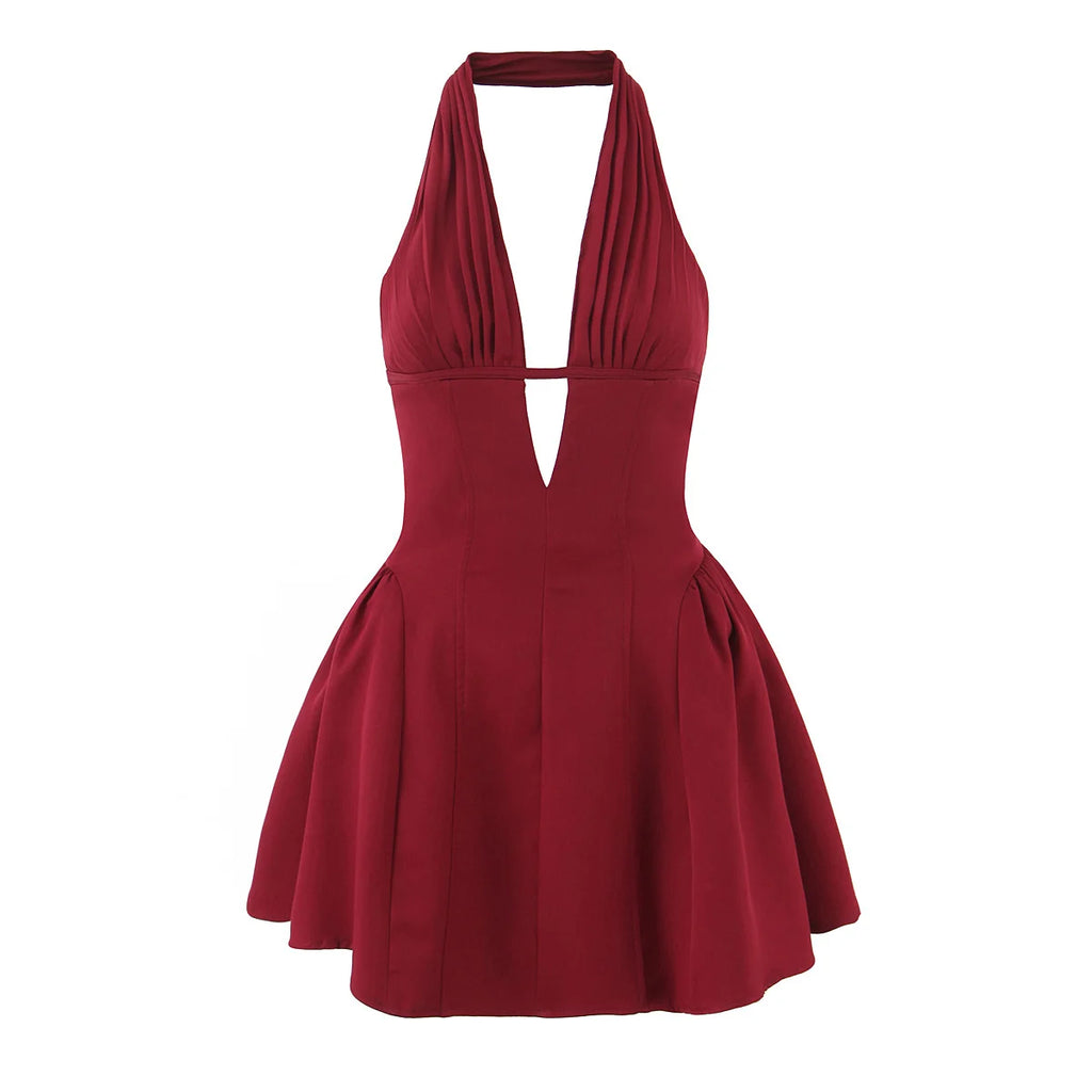YENKYE French Style Retro Polka Dot Deep V Halter Dress Women Sexy Backless A-line Slim Sweet Elegant Mini Dresses Summer Robe - Matrix-studios.com