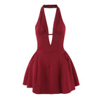 YENKYE French Style Retro Polka Dot Deep V Halter Dress Women Sexy Backless A-line Slim Sweet Elegant Mini Dresses Summer Robe - Matrix-studios.com