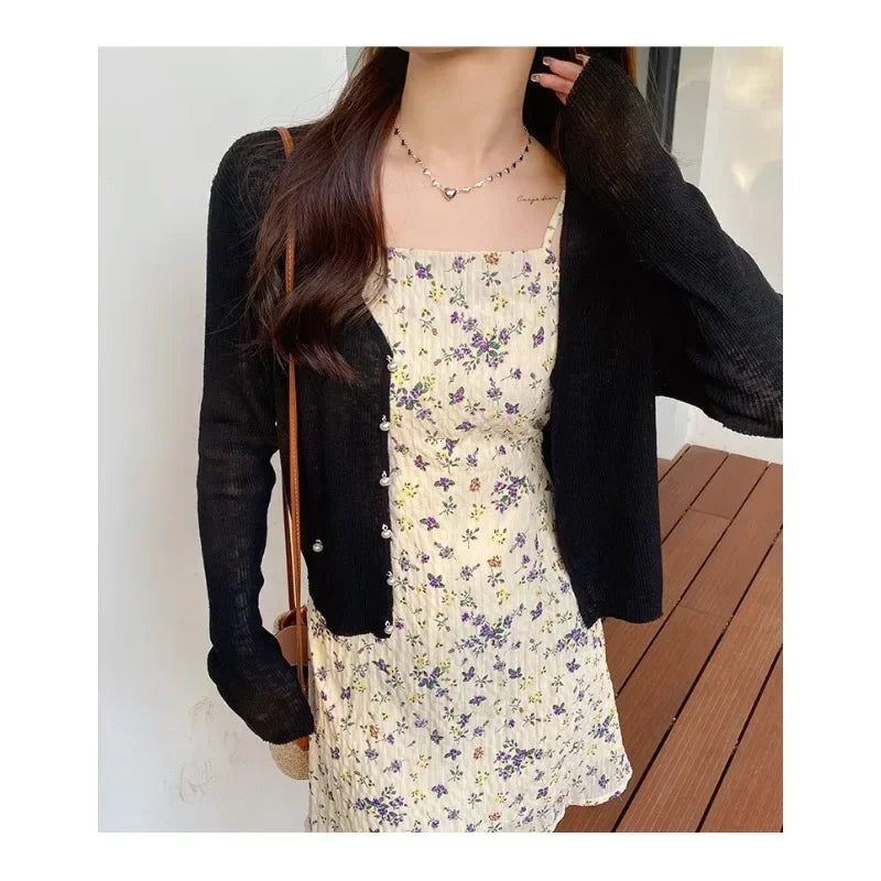 Green Ice Silk Sunscreen Knit Cardigan Outerwear Women Summer Suspender Skirt Outdoor Shawl Air Conditioning Blouse Top Thin - Matrix Studios