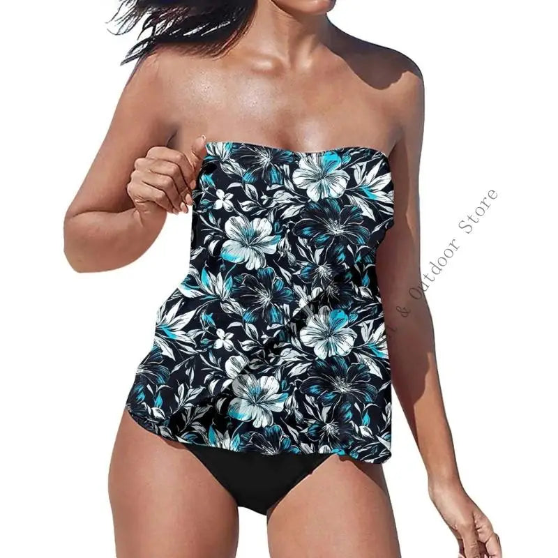 Strapless Tankini Swimsuits for Women 2 Piece Bathing Suits Bandeau Blouson Swim Top with Bottom - Matrix-studios.com