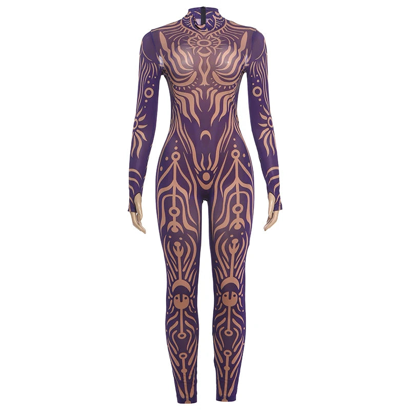 Weird Puss Sexy Striped Print Jumpsuits Women Wild Style Turtleneck Full Sleeve Midnight Party Club Stretch Streetwear Overalls - Matrix Studios