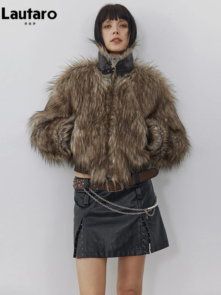 Lautaro Autumn Winter Short Warm Thick Hairy Shaggy Patchwork Faux Raccoon Dog Fur Coat Women Zipper Luxury Fluffy Jacket 2024 - Matrix Studios