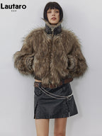 Lautaro Autumn Winter Short Warm Thick Hairy Shaggy Patchwork Faux Raccoon Dog Fur Coat Women Zipper Luxury Fluffy Jacket 2024 - Matrix Studios