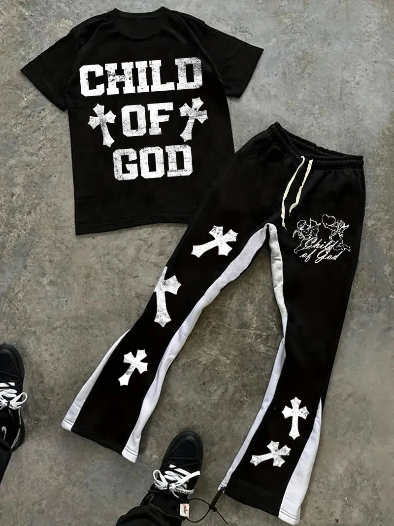 Men's Fashionable and Trendy Street Micro-flare Pants Set with Bold Color-blocking and Gothic Cross and Alphabet Prints