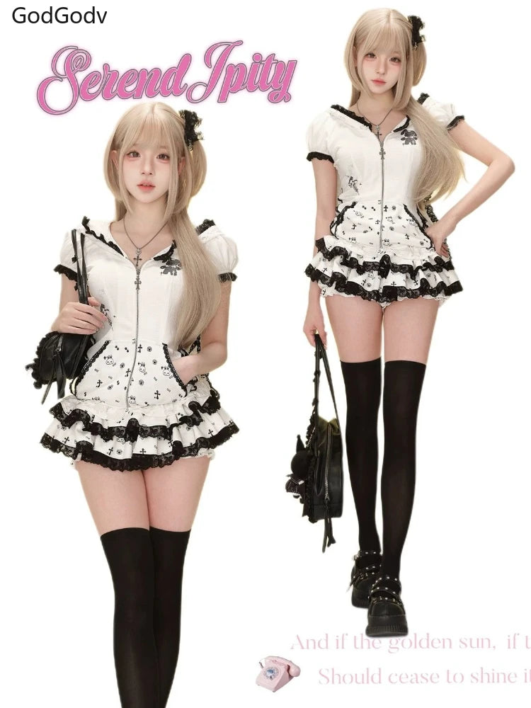 Summer Sweet Preppy Style 2 Piece Sets Women Y2k Kawaii Lolita Design Tops + High Waist Chic Skirt Female Princess Retro Outfits - Matrix-studios.com