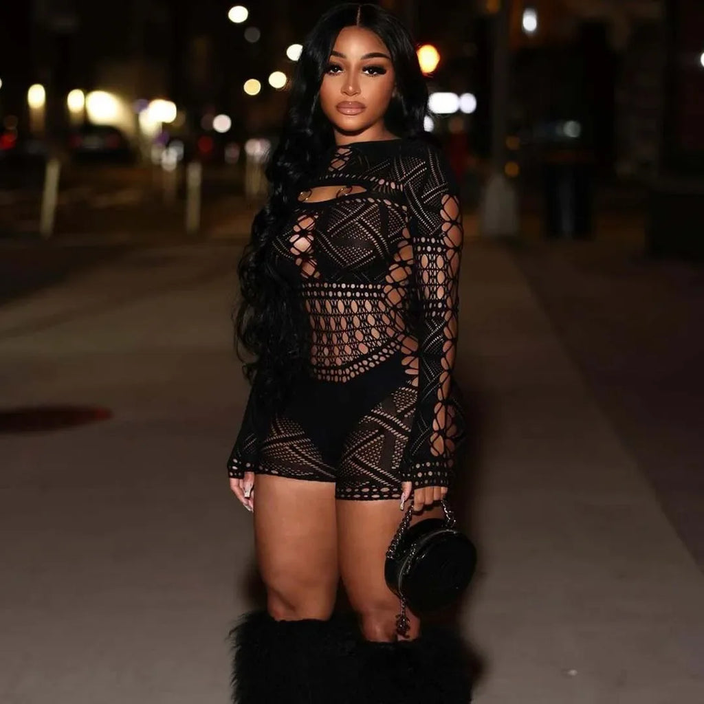 Women's Sexy Long Sleeve Jumpsuit See Through Outfit Sheer Mesh Hollow Out Night Club Short Romper - Matrix Studios