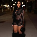 Women's Sexy Long Sleeve Jumpsuit See Through Outfit Sheer Mesh Hollow Out Night Club Short Romper - Matrix Studios