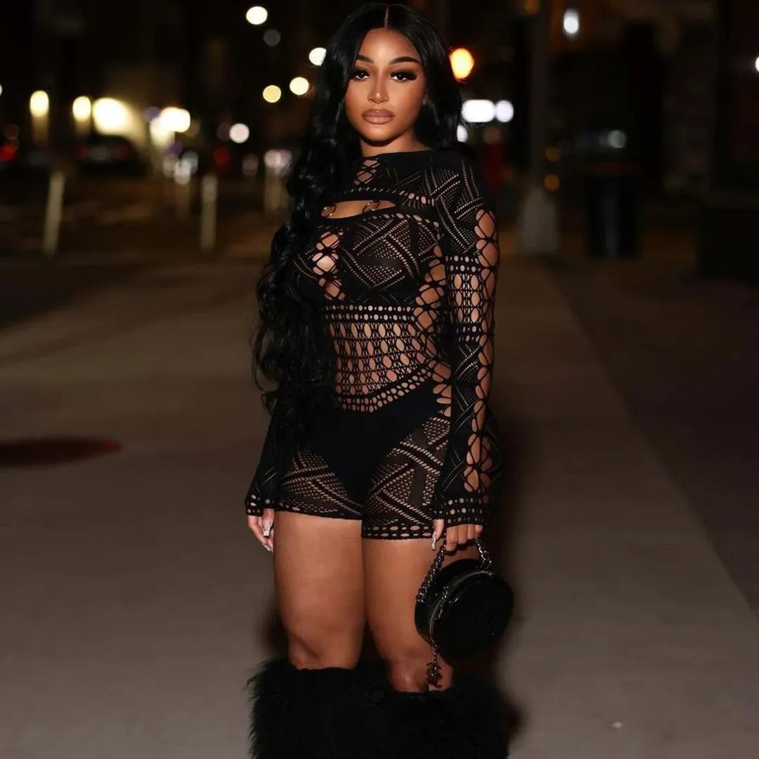 Women's Sexy Long Sleeve Jumpsuit See Through Outfit Sheer Mesh Hollow Out Night Club Short Romper - Matrix Studios