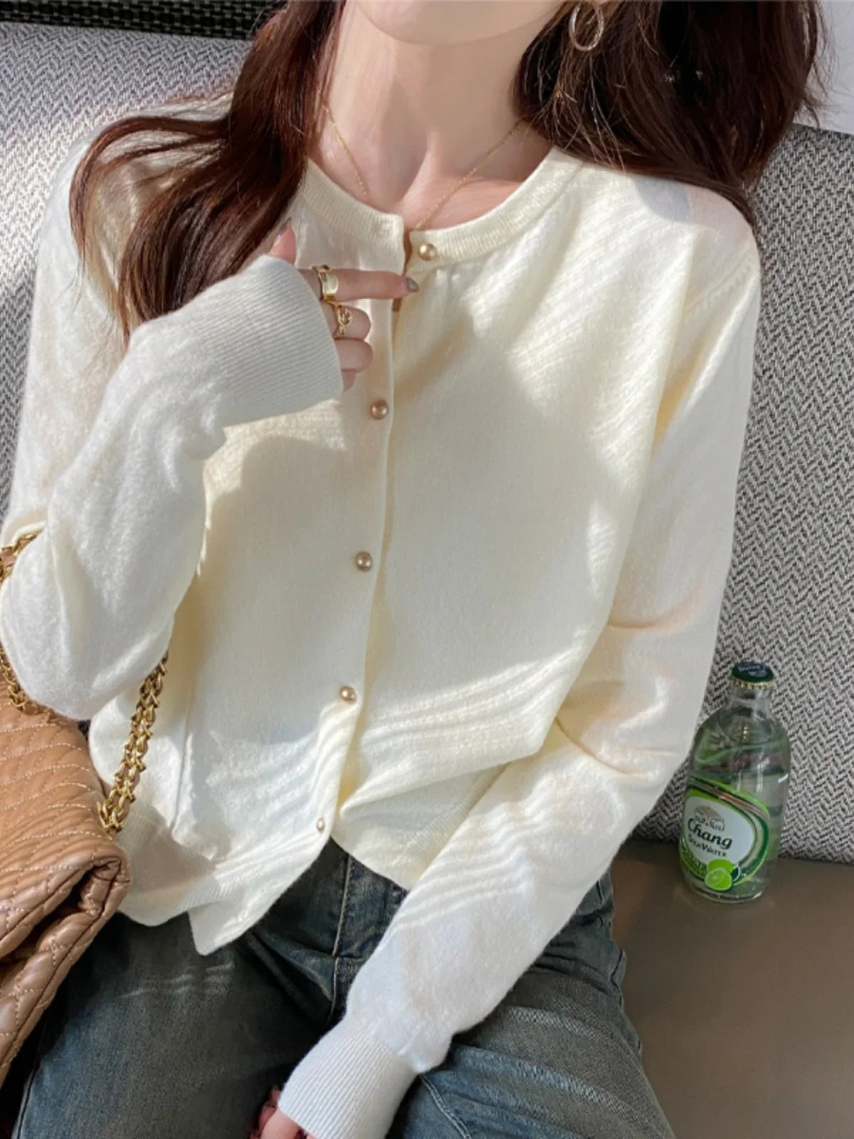 Solid Color Knitted for Women Cardigan Korean Single Breasted Long Sleeve Jumper Woman Round Neck All Match Cardigans Outwear - Matrix Studios
