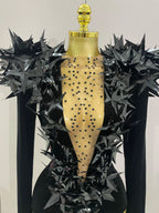 2025 New Shiny Black Rhinestone Velvet Long Sleeve Bodysuit Women Evening Party Club Gala Hosts NightClub Bar Stage Costumes - Matrix Studios