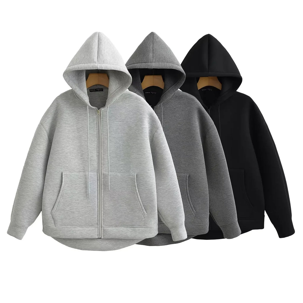 HH Autumn Women Casual Hooded Jacket Loose Oversize Zipper Hoodie Sweatshirts Solid Coat Office Lady Chic Outwear Tops - Matrix Studios