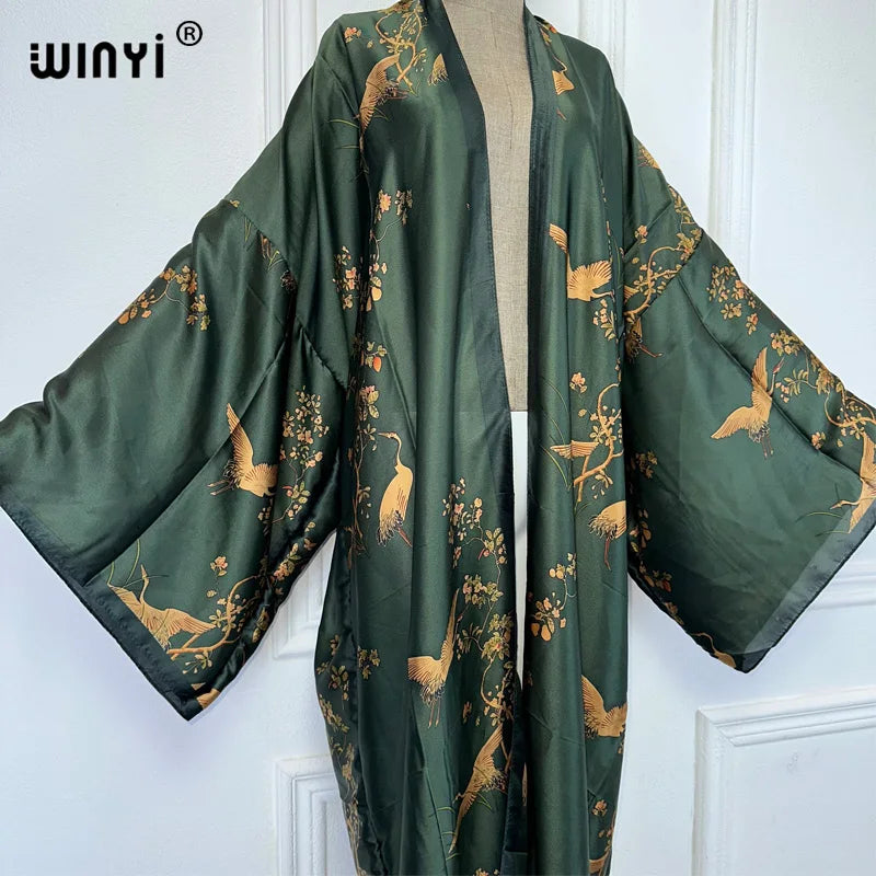 WINYI Beach Cover Up Print Kimono Maxi Dress Beach Wear Boho Cardigan Abaya Dubai Luxury Women Muslim Dress Africa Long Coat - Matrix Studios