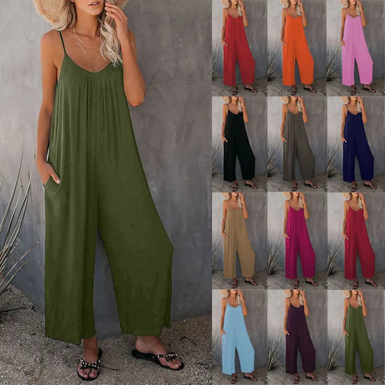2026 High-Quality Strap Summer New Thick Pure Color Pocket Casual Women's Overall Pants - Matrix Studios