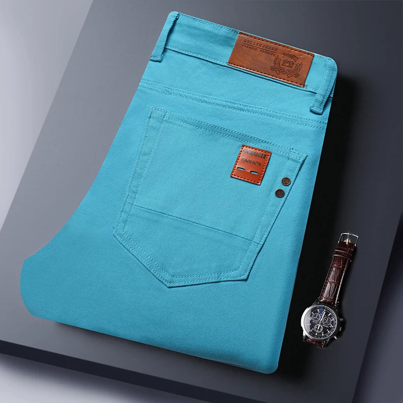 2025 Autumn Men's Elastic Colorful Jeans Breathable Casual  Straight Fitted Solid Color Denim Pants Korean Fashion Trousers - Matrix Studios