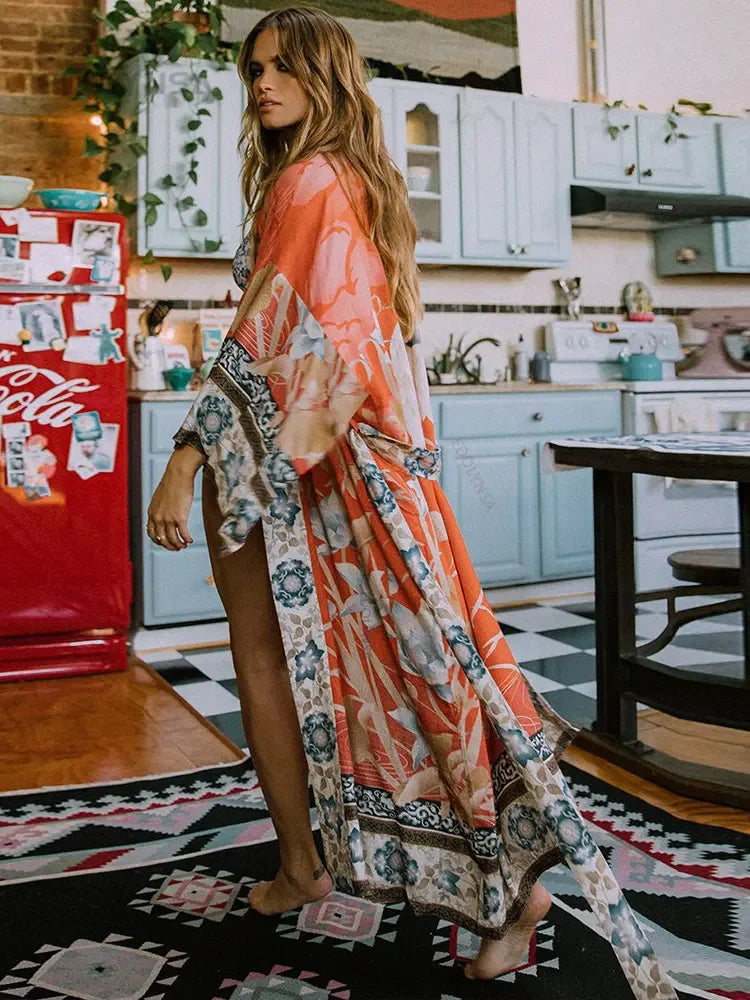 Bohemian Printed Bikini Cover-ups Elegant Self Belted Kimono Dress Tunic Women Plus Size Beach Wear Swim Suit Cover Up Q1228 - Matrix Studios